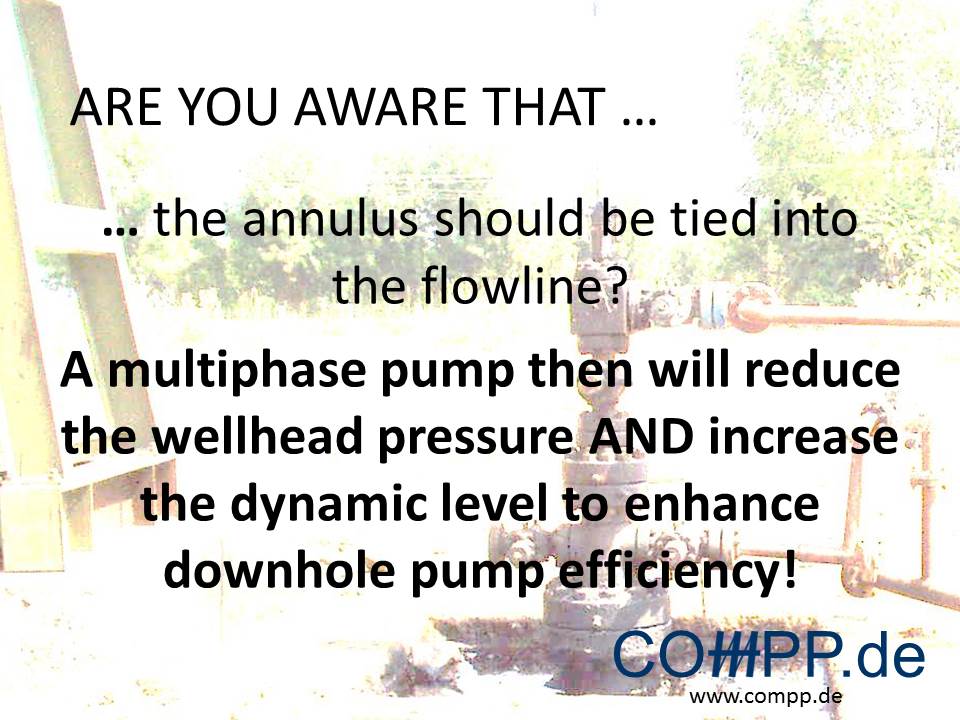 Are you aware that ... … the annulus should be tied into the flowline? A multiphase pump then will reduce the wellhead pressure AND increase the dynamic level to enhance downhole pump efficiency!